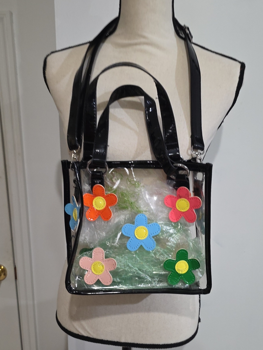 SHEIN Clear PVC Tote with Black Trim and Multicolor Flower Appliqués